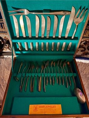 Vintage Thai Flatware Set in Wooden Case with Teal Felt Lining